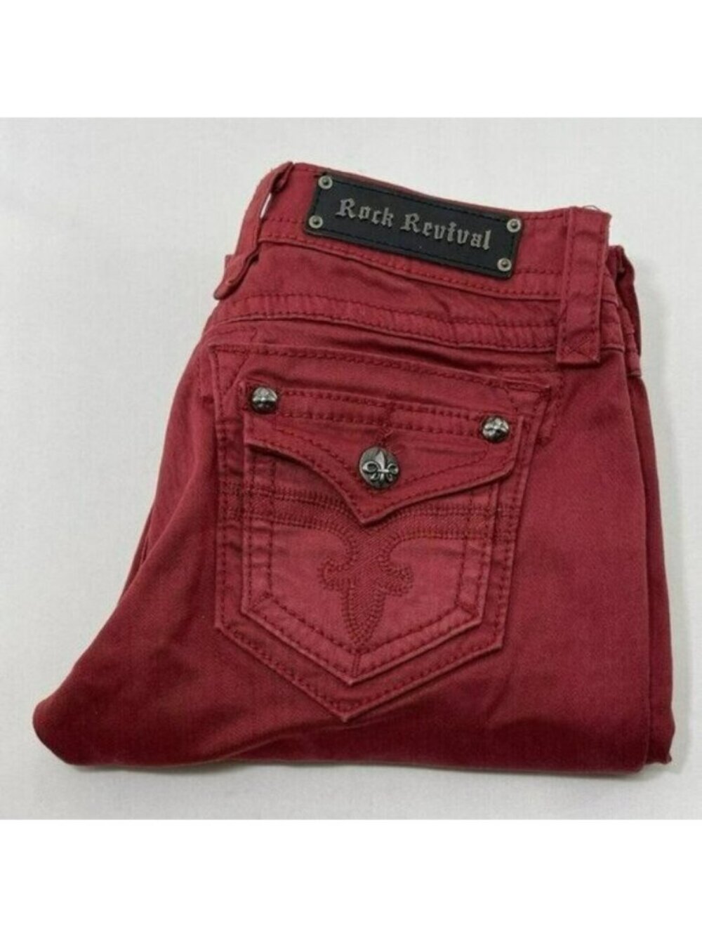 Rock Revival Holly Skinny Jeans Fleur De Lis Women Size 29 Maroon Studded Logo